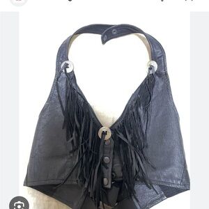 Black Fringe Leather Halter Top